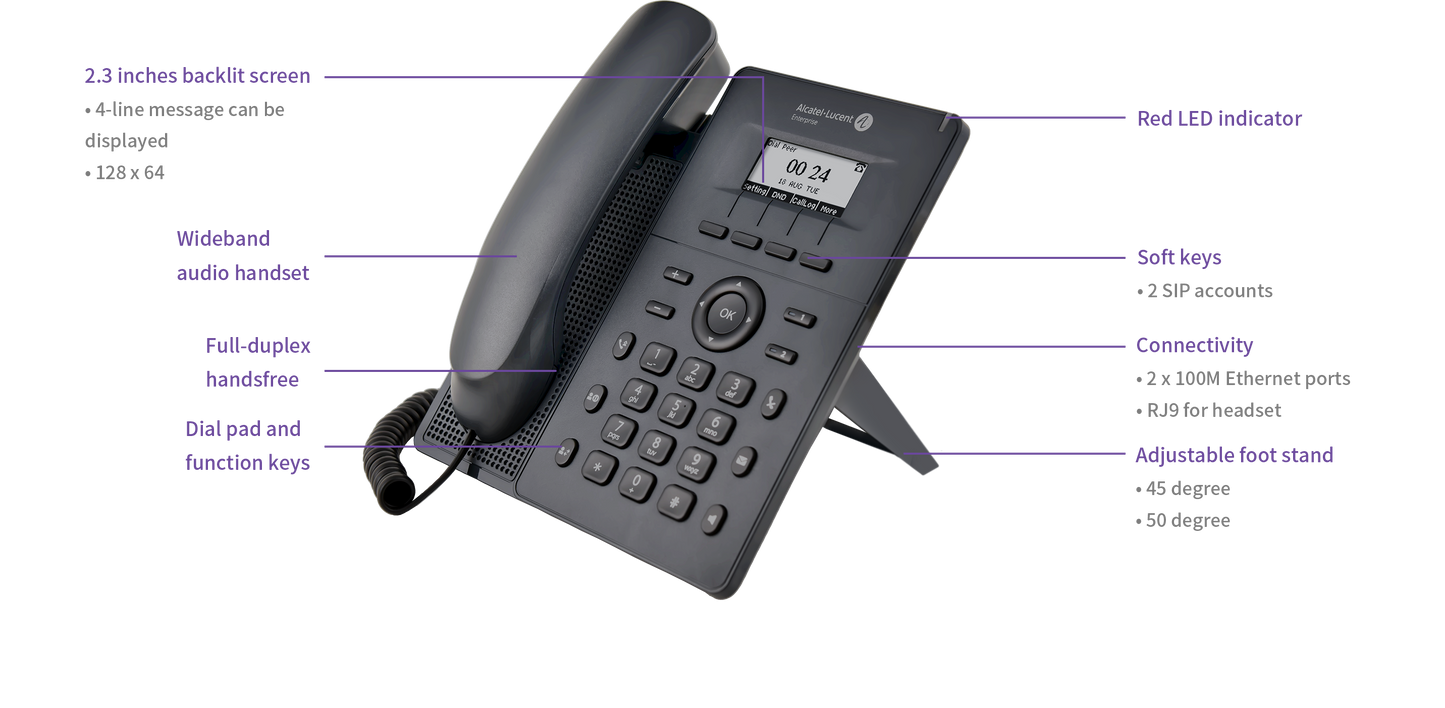 Alcatel-Lucent H2P DeskPhone | HD Audio, 2 SIP Accounts, 2.3" Display, PoE