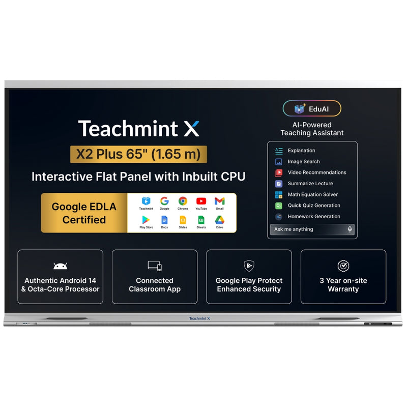Teachmint X 65 Plus | 65" 4K Interactive Flat Panel with Android 14, Google EDLA, NFC Login & EduAI