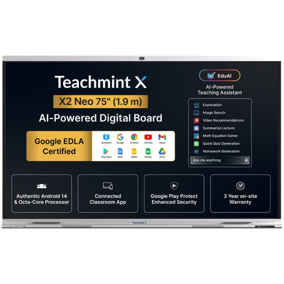 Teachmint X2 75 Neo | 75" 4K UHD Interactive Flat Panel with 48MP AI Camera, 8-Array Mic, Android 14, Google EDLA, NFC Login & EduAI