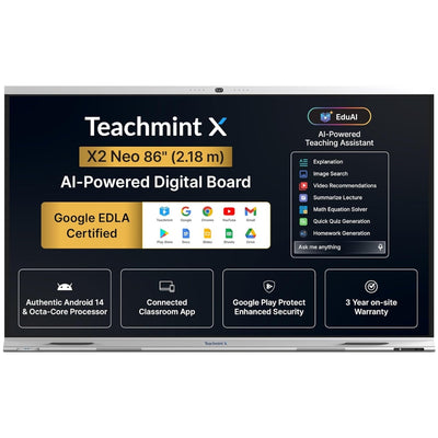 Teachmint X2 86 Neo | 86" 4K UHD Interactive Flat Panel with 48MP AI Camera, 8-Array Mic, Android 14, Google EDLA, NFC Login & EduAI