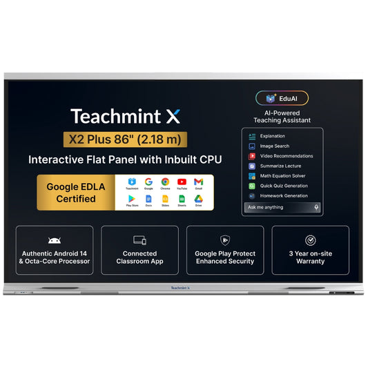 Teachmint X 86 Plus | 86″ 4K Interactive Flat Panel with Android 14, Google EDLA & NFC Login & EduAI