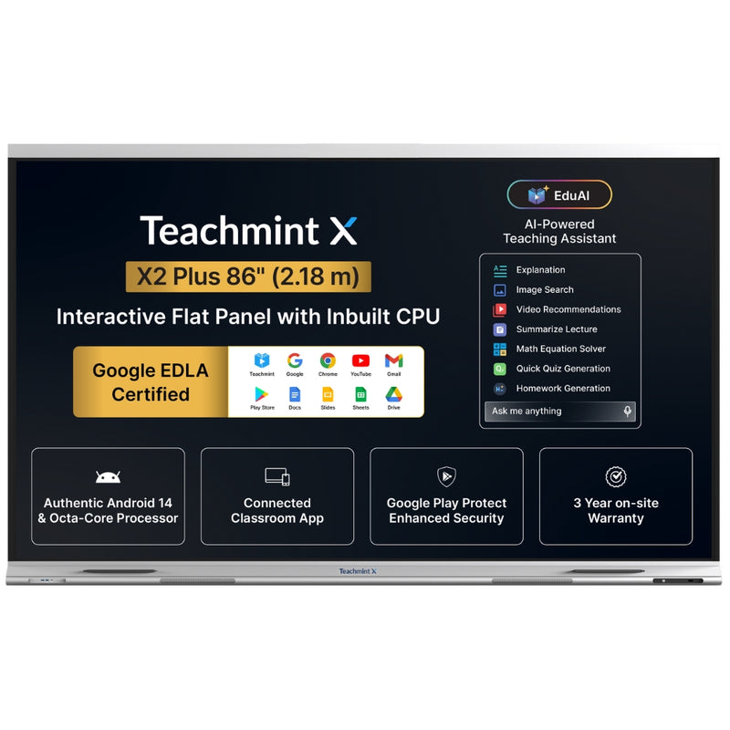 Teachmint X 86 Plus | 86″ 4K Interactive Flat Panel with Android 14, Google EDLA & NFC Login & EduAI