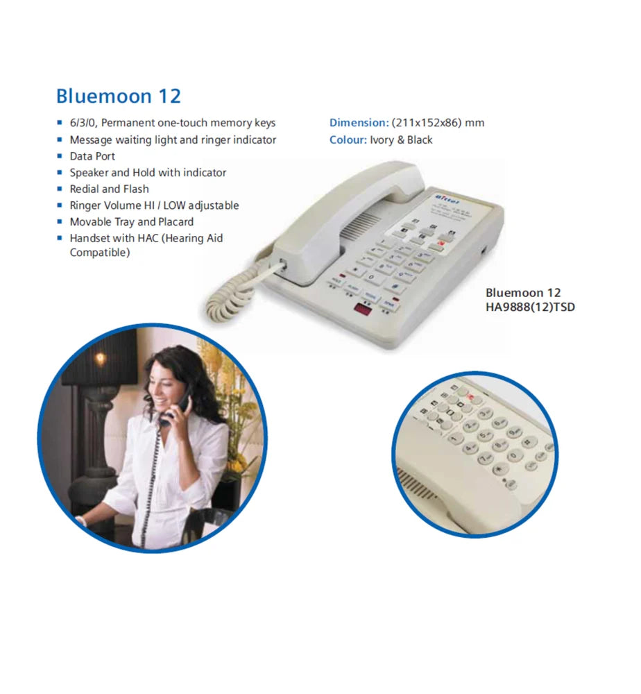 Bittel Bluemoon 12 HA9888(12)TSD Corded Telephone | Hospitality (Hearing Aid Compatible) Guestroom Phone