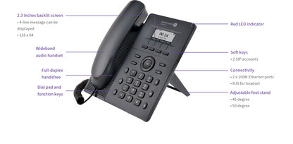 Alcatel-Lucent H2P DeskPhone | HD Audio, 2 SIP Accounts, 2.3" Display, PoE